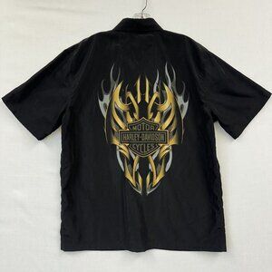 Harley Davidson Sz Large Black Button Down Collared Shirt Flame Tribal Excellent